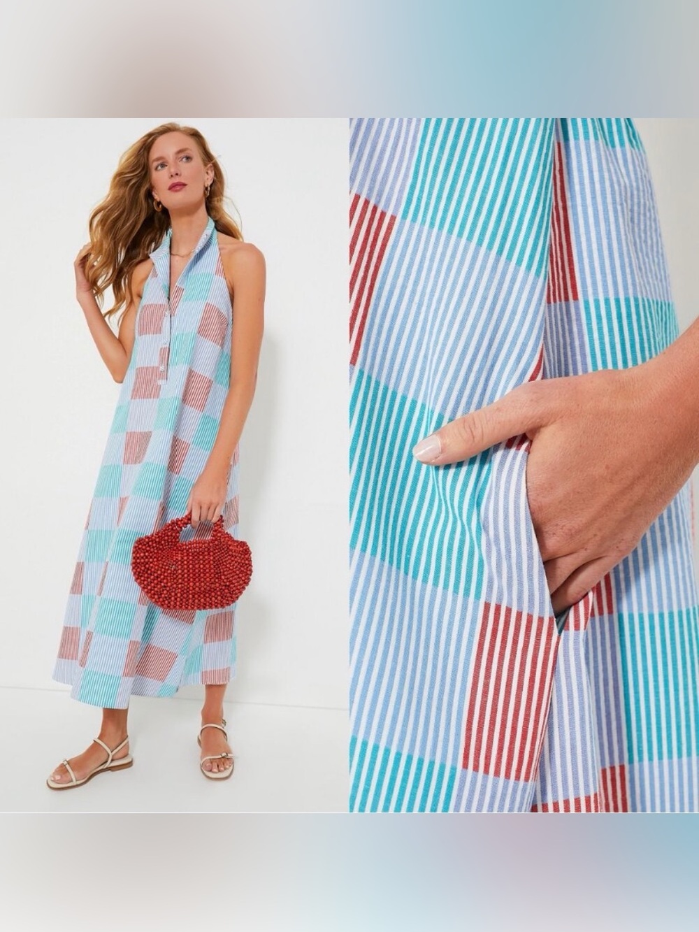 New Tuckernuck Madras Jagger Patchwork Stripe Check Halter Maxi Dress Size XS - Picture 3 of 8